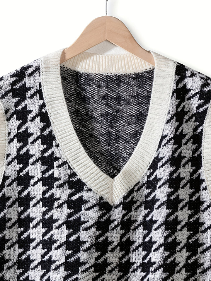 Men's V-neck Houndstooth Casual Sleeveless Knitted Sweater Vest, Men's Clothing For Autumn Winter