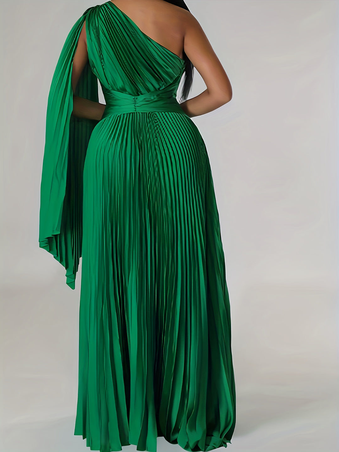 Plus Size Elegant Wedding Guest Dress, Women's Plus Solid One Shoulder Nipped Waist Pleated Maxi Pron Party Formal Dress