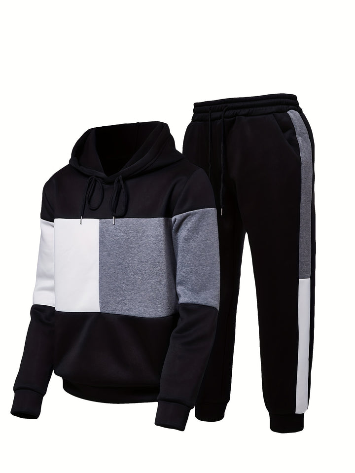 Color Block Men's 2Pcs Outfits, Casual Hoodies Long Sleeve Pullover Hooded Sweatshirt And Sweatpants Joggers Set For Spring Fall, Men's Clothing