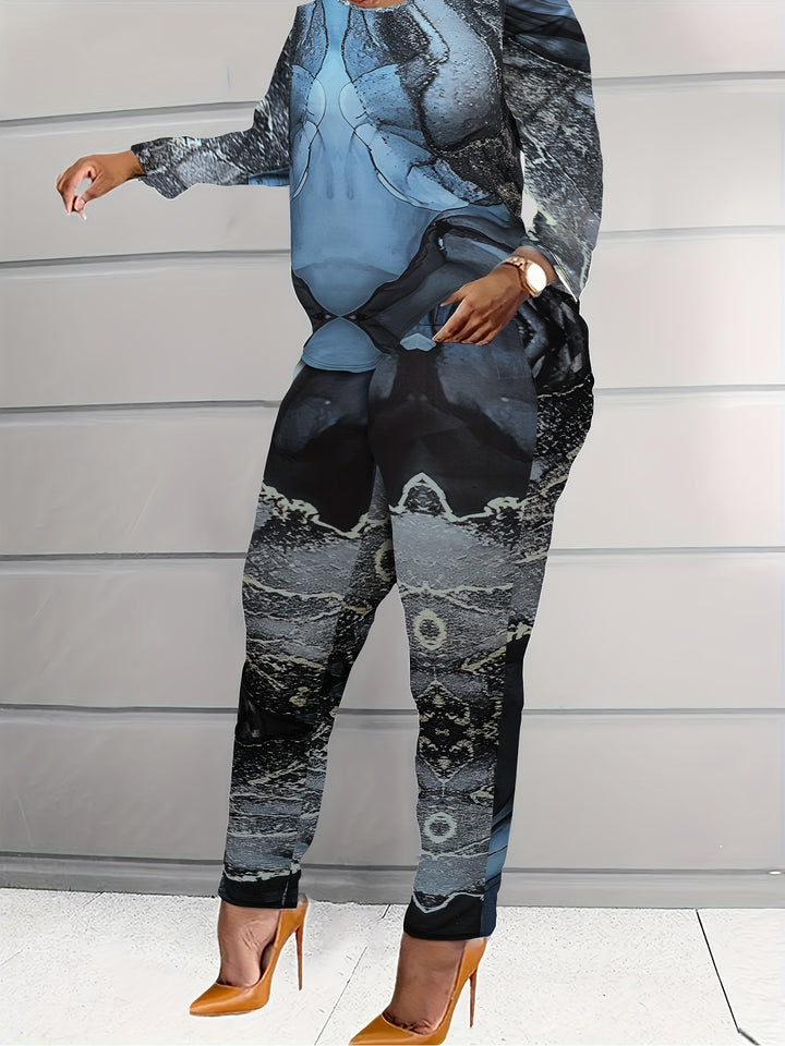 Plus Size Casual Outfits Set, Women's Plus Graphic Print Long Sleeve Round Neck Tee & Leggings Outfits 2 Piece Set