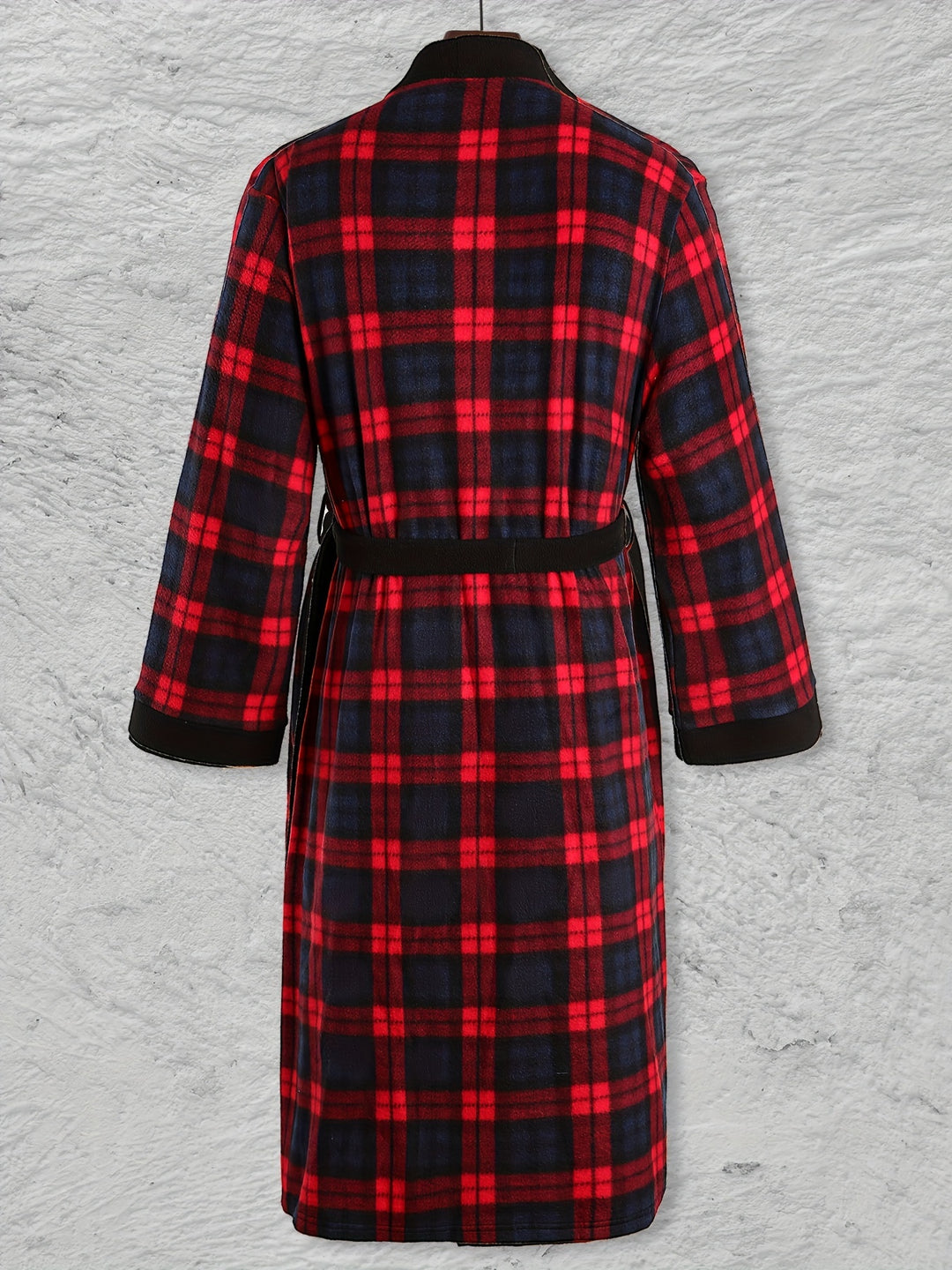 Men's Comfy Plaid Fleece Robe Home Pajamas Wear With Pocket One-piece Lace Up Kimono Night-robe Warm Sets After Bath