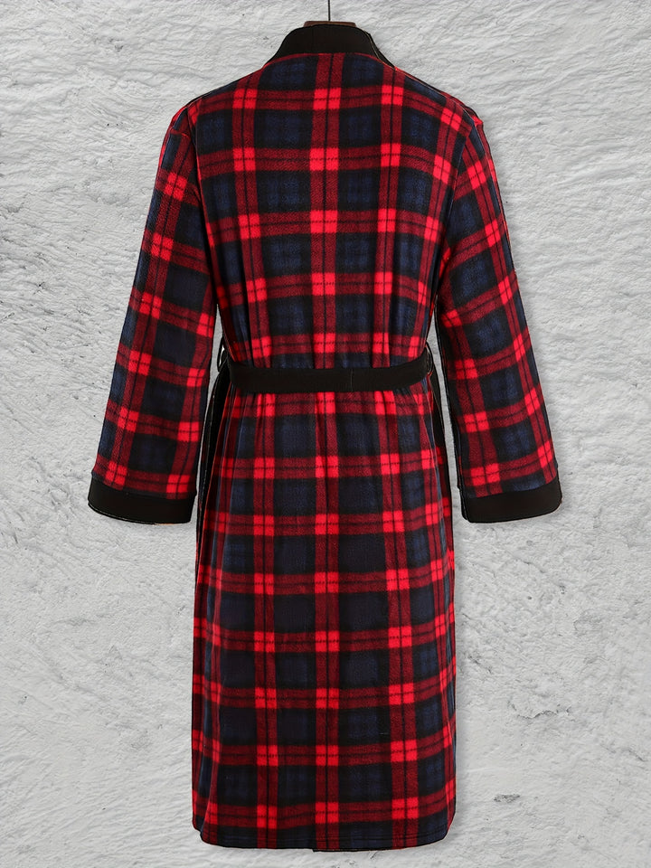 Men's Comfy Plaid Fleece Robe Home Pajamas Wear With Pocket One-piece Lace Up Kimono Night-robe Warm Sets After Bath