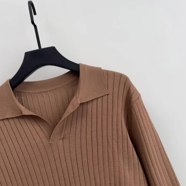 Solid Chic Knit Shirt, Men's Casual Lapel Slightly Stretch V-Neck Pullover Sweater For Autumn Winter