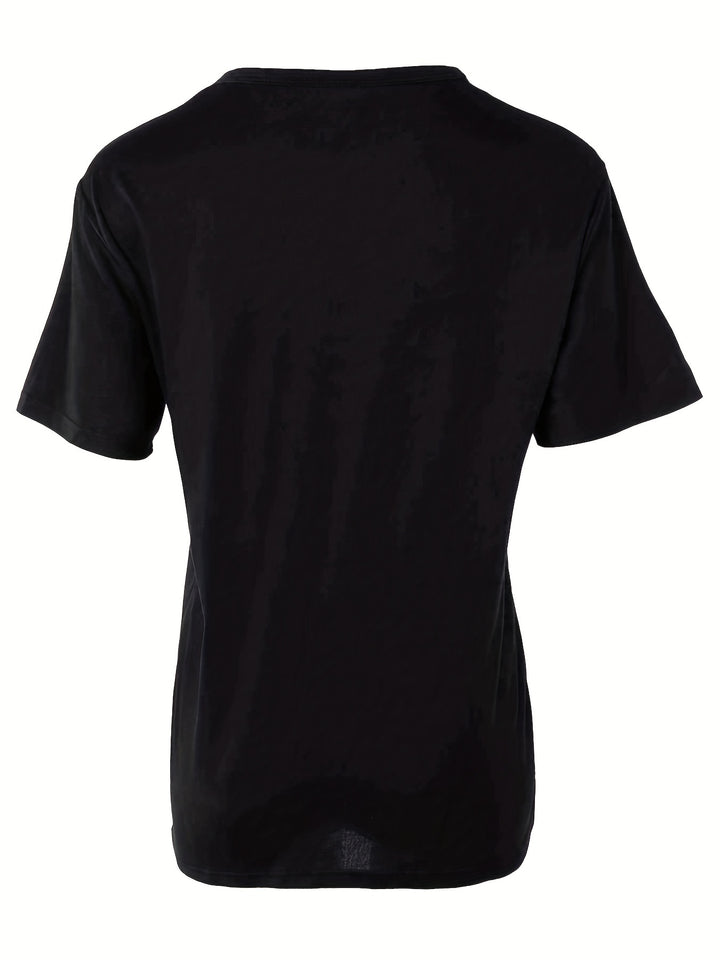 Plus Size Casual T-shirt, Women's Plus Letter & Heart Print Crew Neck Short Sleeve Medium Stretch T-shirt