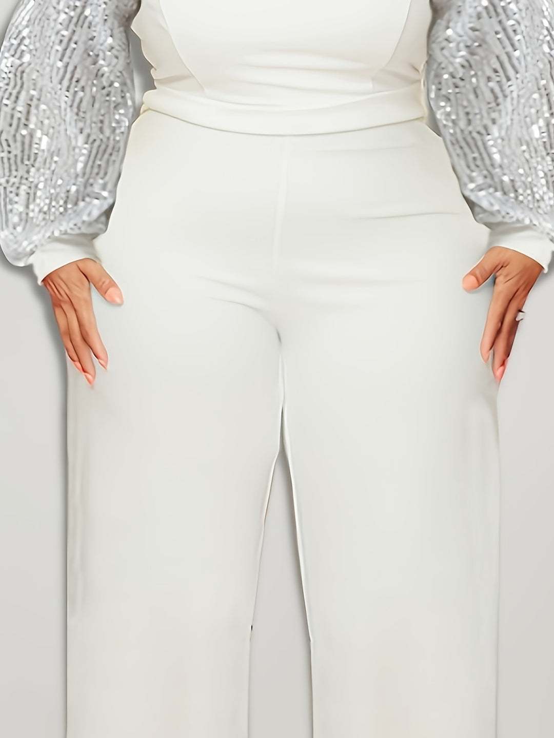 Plus Size Contrast Sequin Long Sleeve Wide Leg Jumpsuit, Women's Plus High Stretch Elegant Party Jumpsuit
