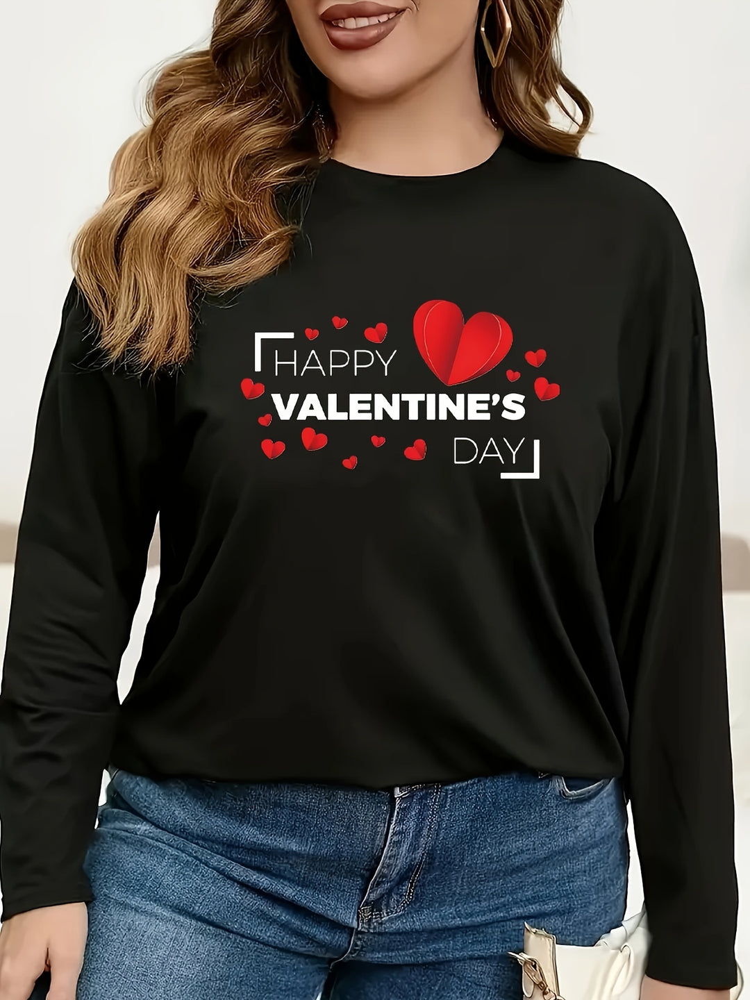 Women's Valentine's Day T-shirt, Plus Size Heart & Slogan Print Long Sleeve Round Neck T-shirt