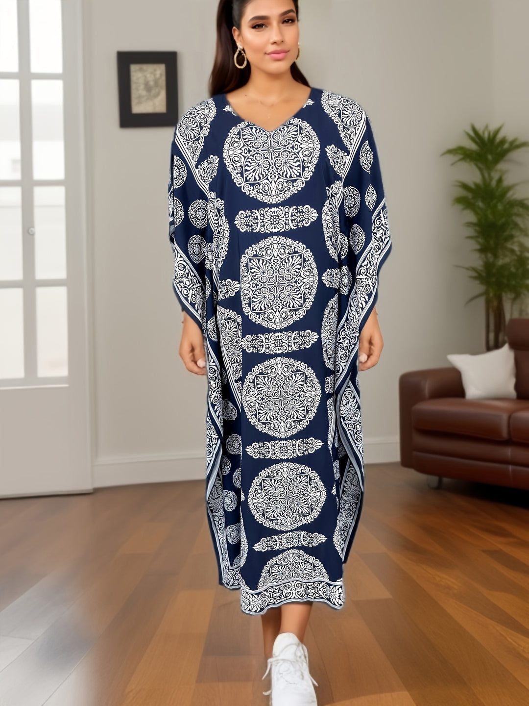 Ethnic Floral Kaftan Dress, Boho V Neck Batwing Sleeve Maxi Dress, Women's Clothing