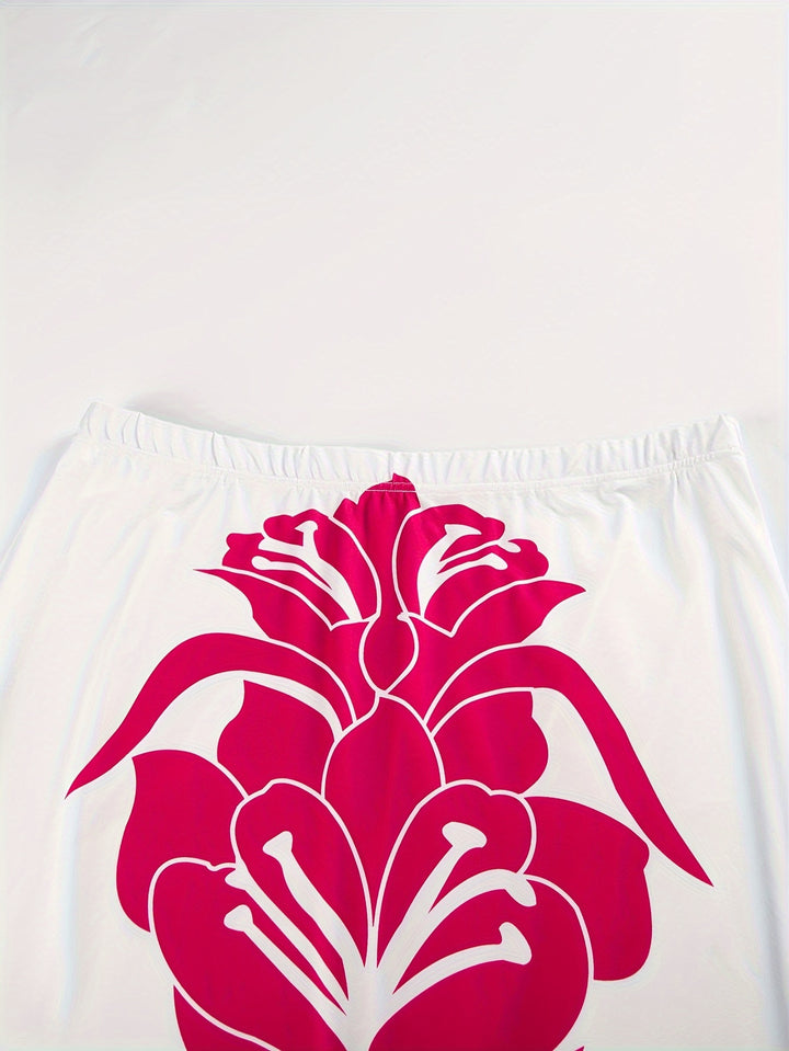 Plus Size Floral Print Two-piece Skirt Set, Crew Neck Long Sleeve Top & High Waist Skirts Outfits, Women's Plus Size Clothing