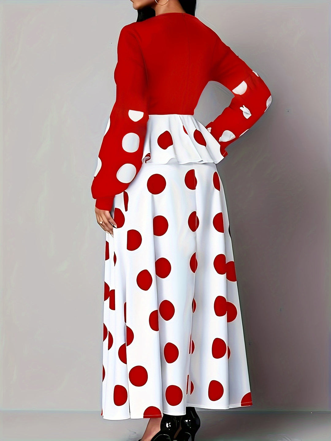 Elegant Plus Size Polka Dot Maxi Dress with Ruffle Trim and Long Sleeves, Perfect for All Seasons, Women's Plus Size Clothing