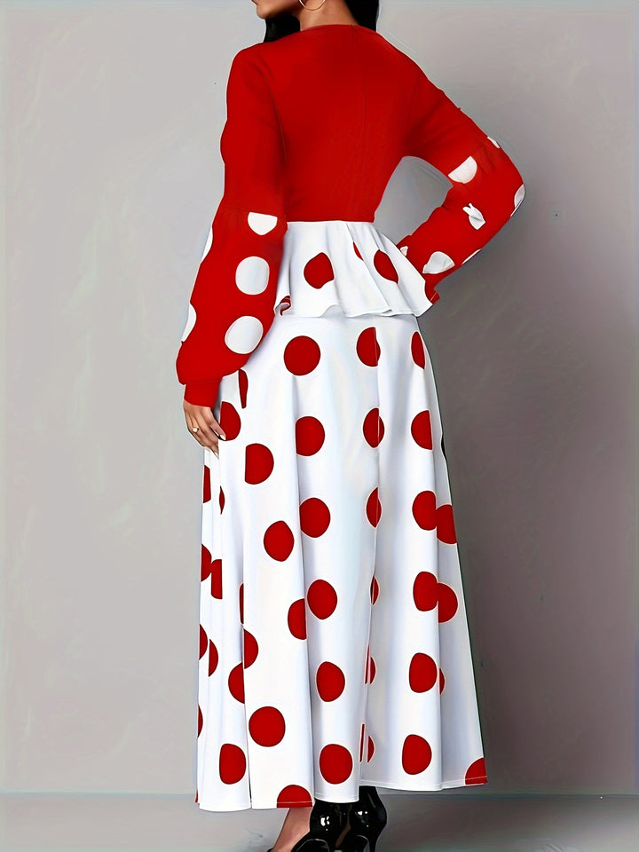 Plus Size Polka Dot Print Dress, Elegant Ruffle Trim Long Sleeve Maxi Dress, Women's Plus Size Clothing