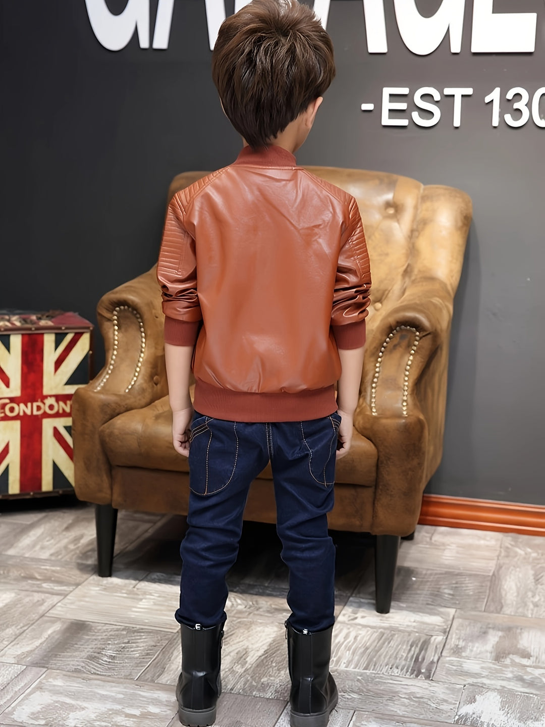 Trendy Boys Plus Fleece Thick Leather Zip Up Jacket With Side Pocket, Fashion Gift For Kids