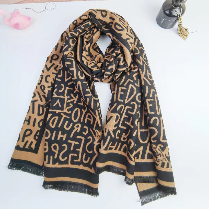 English Letters Jacquard Scarf Double-Sided Imitation Cashmere Fringe Large Shawl Autumn Winter Elegant Outside Warm Blanket Scarf