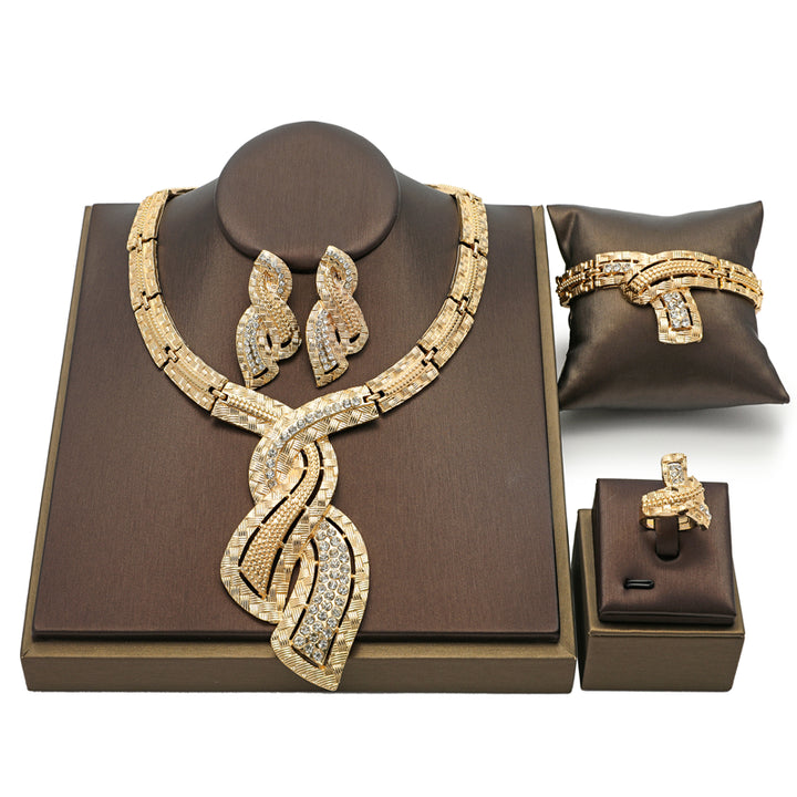 Earrings + Necklace + Bracelet + Ring jhumka style Jewelry Set 18k Gold Plated Paved Shining Gemstone Match Daily Outfits