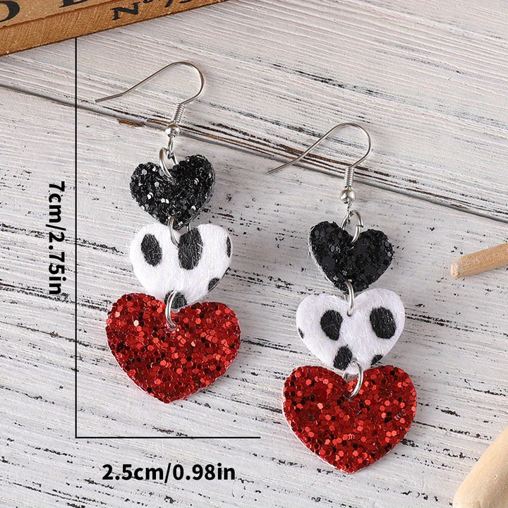 Heart Design Leopard Pattern Bling Bling Sequins Decor Dangle Earrings PU Leather Jewelry Valentine's Day Gift