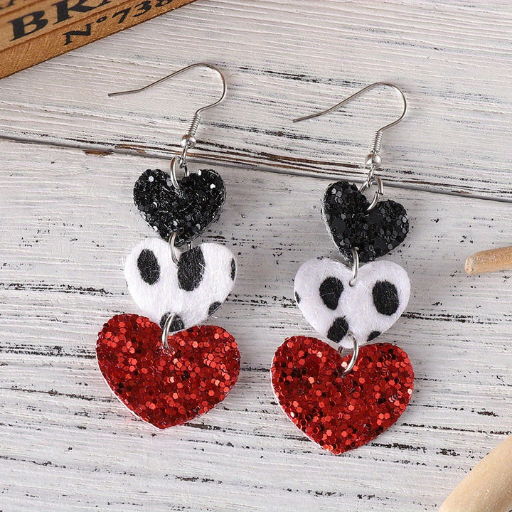 Heart Design Leopard Pattern Bling Bling Sequins Decor Dangle Earrings PU Leather Jewelry Valentine's Day Gift