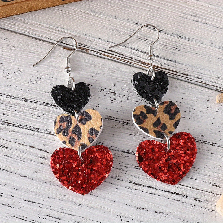 Heart Design Leopard Pattern Bling Bling Sequins Decor Dangle Earrings PU Leather Jewelry Valentine's Day Gift