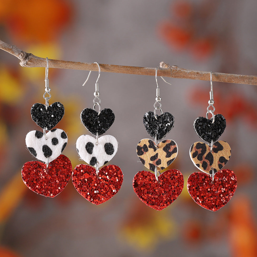 Heart Design Leopard Pattern Bling Bling Sequins Decor Dangle Earrings PU Leather Jewelry Valentine's Day Gift