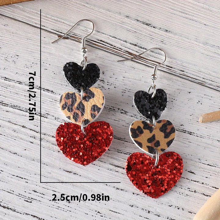 Heart Design Leopard Pattern Bling Bling Sequins Decor Dangle Earrings PU Leather Jewelry Valentine's Day Gift