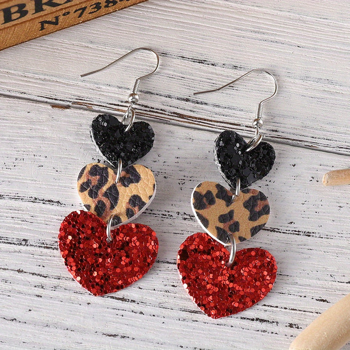 Heart Design Leopard Pattern Bling Bling Sequins Decor Dangle Earrings PU Leather Jewelry Valentine's Day Gift