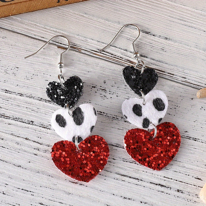 Heart Design Leopard Pattern Bling Bling Sequins Decor Dangle Earrings PU Leather Jewelry Valentine's Day Gift