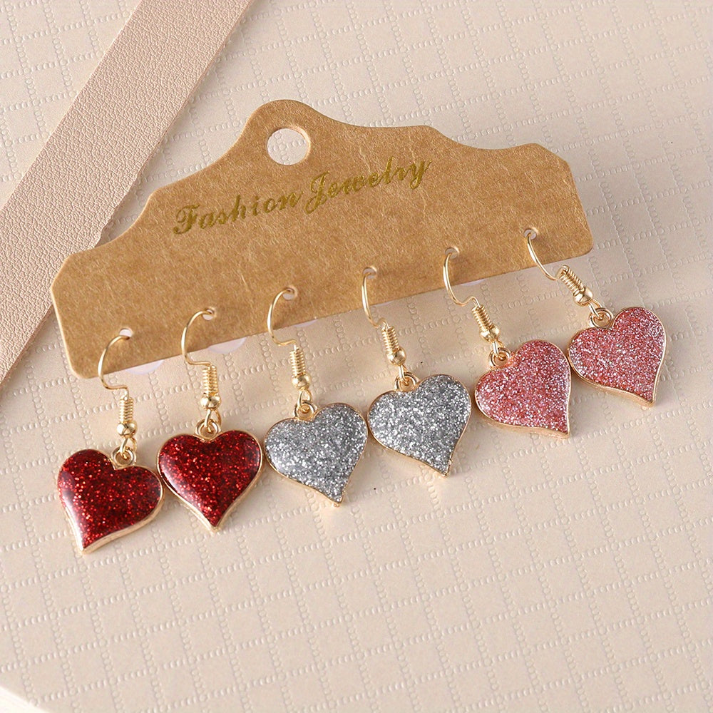 3 Pairs / Set Heart Shape Bling Bling Dangle Earrings Retro Simple Style Zinc Alloy Jewelry Valentine's Day Gift For Lovers