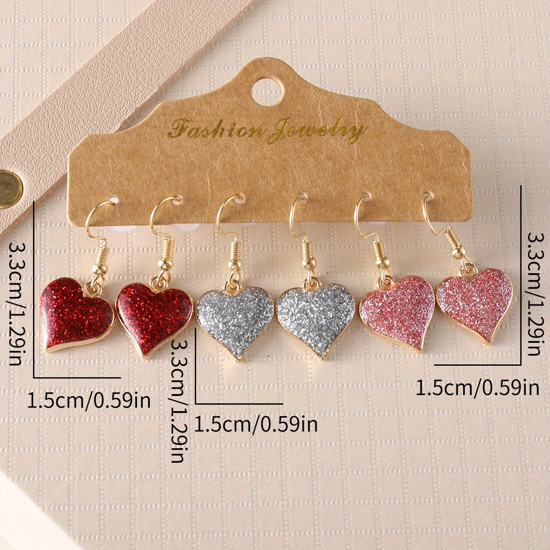 3 Pairs / Set Heart Shape Bling Bling Dangle Earrings Retro Simple Style Zinc Alloy Jewelry Valentine's Day Gift For Lovers