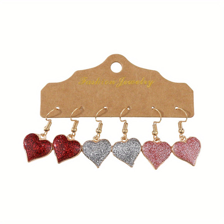 3 Pairs / Set Heart Shape Bling Bling Dangle Earrings Retro Simple Style Zinc Alloy Jewelry Valentine's Day Gift For Lovers