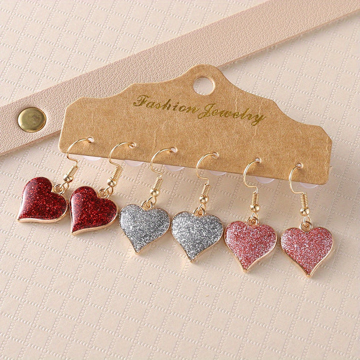 3 Pairs / Set Heart Shape Bling Bling Dangle Earrings Retro Simple Style Zinc Alloy Jewelry Valentine's Day Gift For Lovers