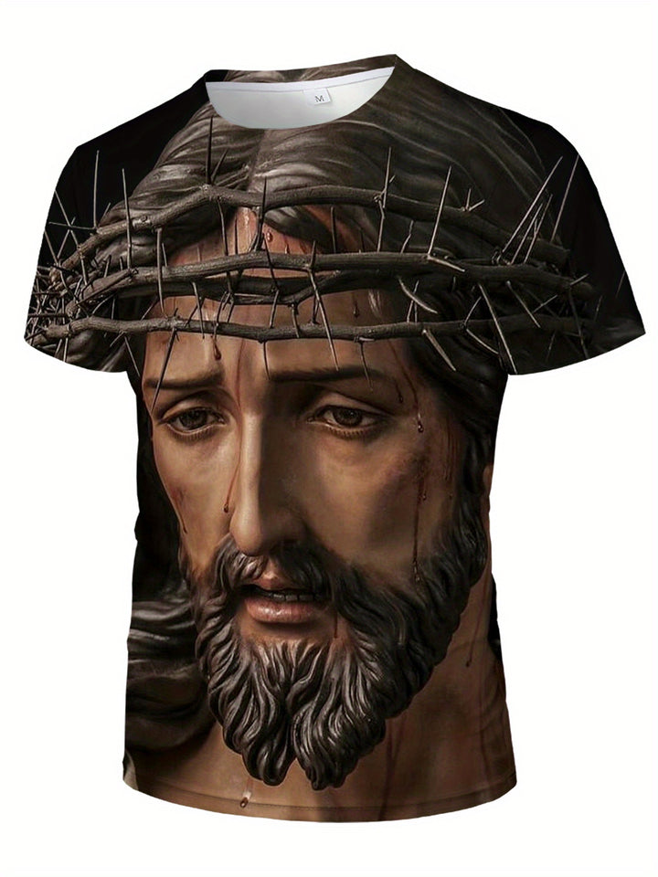 Jesus Print, Men's Graphic Design Crew Neck Active T-shirt, Casual Comfy Tees Tshirts For Summer, Men's Clothing Tops For Daily Gym Workout Running