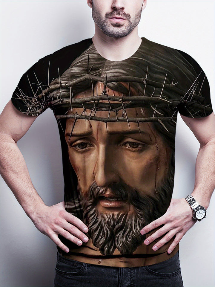 Jesus Print, Men's Graphic Design Crew Neck Active T-shirt, Casual Comfy Tees Tshirts For Summer, Men's Clothing Tops For Daily Gym Workout Running