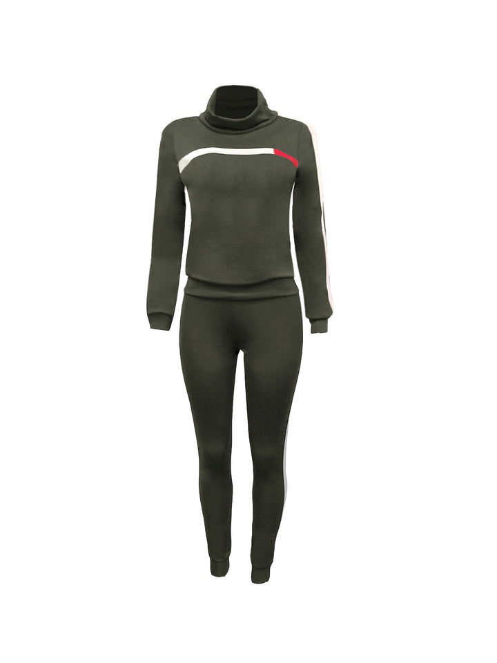 Striped Graphic 2 Piece Tracksuit Outfits, Casual Turtleneck Pullover Shirt & Sweatpants, Women's Clothing