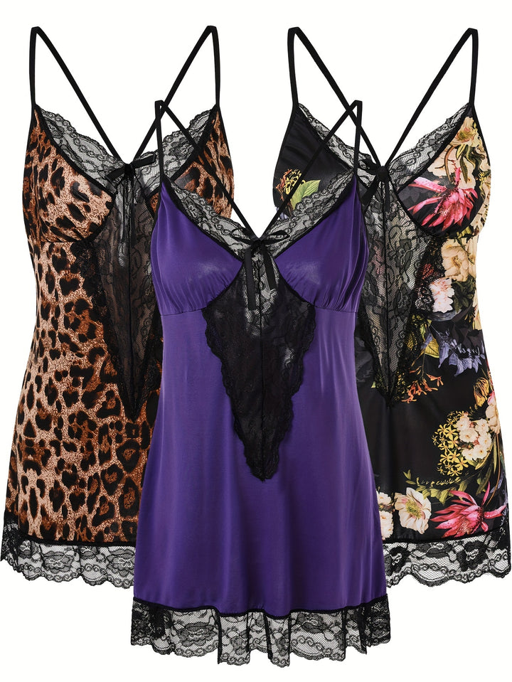 3 Pack Plus Size Valentine's Day Sexy Nightdress Set, Women's Plus Leopard & Floral Print Contrast Lace Halter Sleep Dress 3pcs Set