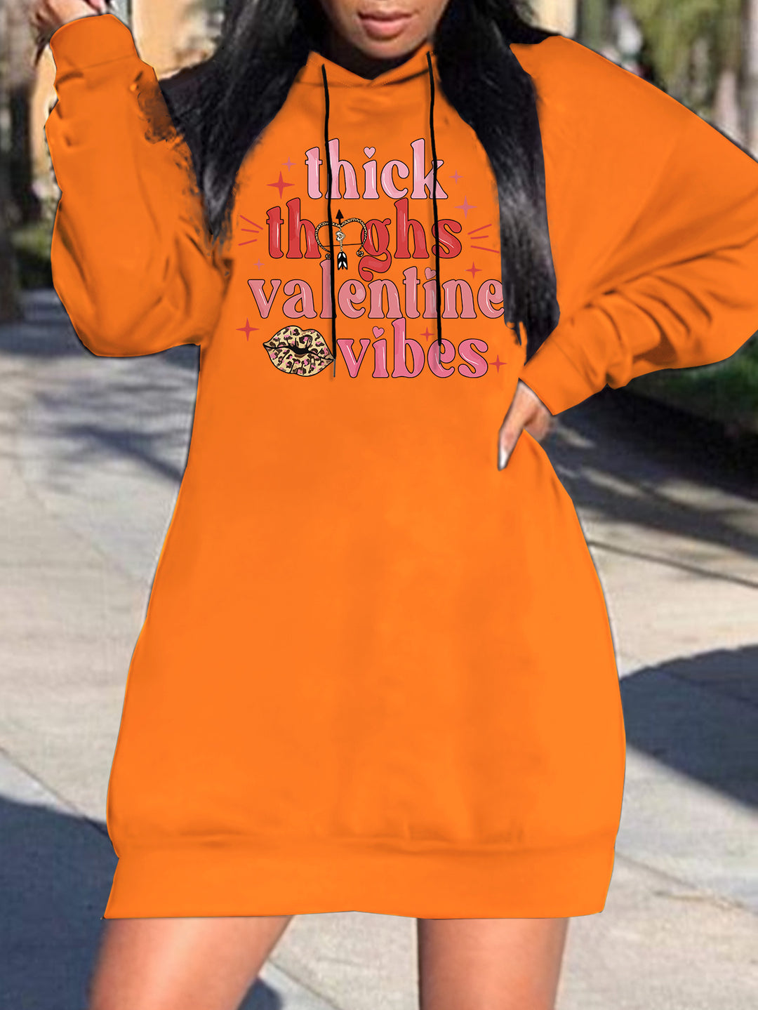 Plus Size Valentine's Day Letter Print Hooded Dress, Drawstring Casual Hooded Sweatshirt Dress For Fall & Spring, Women's Clothing