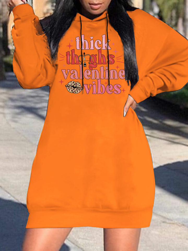 Plus Size Valentine's Day Letter Print Hooded Dress, Drawstring Casual Hooded Sweatshirt Dress For Fall & Spring, Women's Clothing