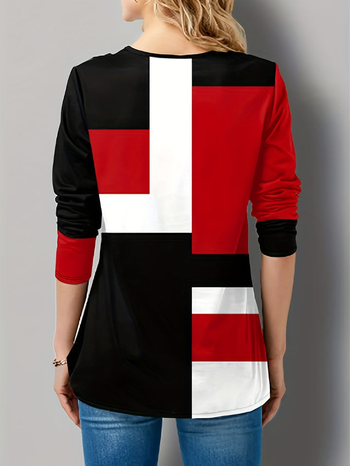 Plus Size Casual T-shirt, Women's Plus Colorblock Long Sleeve Round Neck Medium Stretch Tee