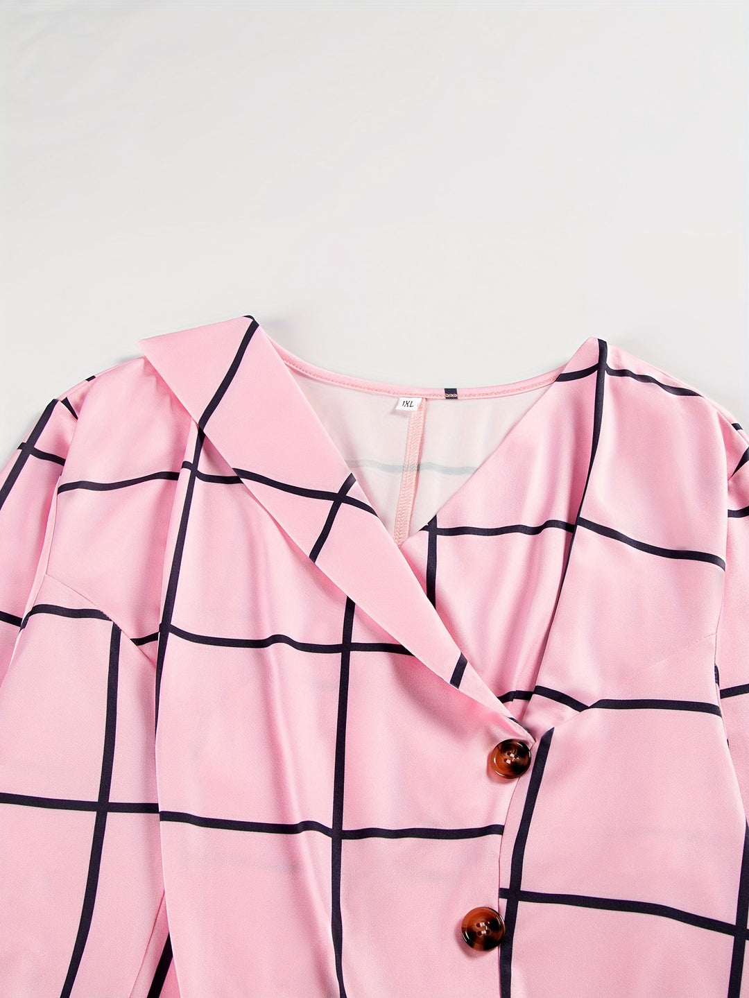 Plus Size Plaid Print Button Front Dress, Elegant Slim Mermaid Hem 3/4 Sleeve Dress, Women's Plus Size Clothing