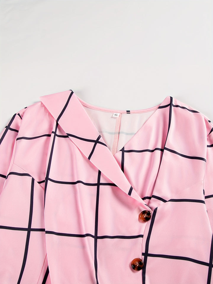 Plus Size Plaid Print Button Front Dress, Elegant Slim Mermaid Hem 3/4 Sleeve Dress, Women's Plus Size Clothing