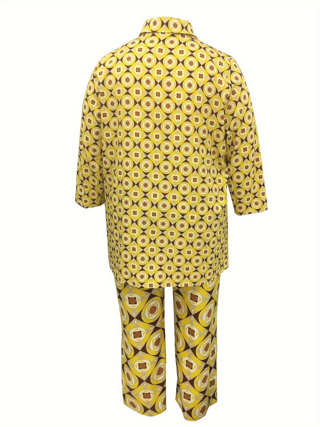 Plus Size Elegant Outfits Set, Women's Plus Allover Print Long Sleeve Lapel Collar Button Up Tunic Shirt Top & Pants Outfits Two Piece Set