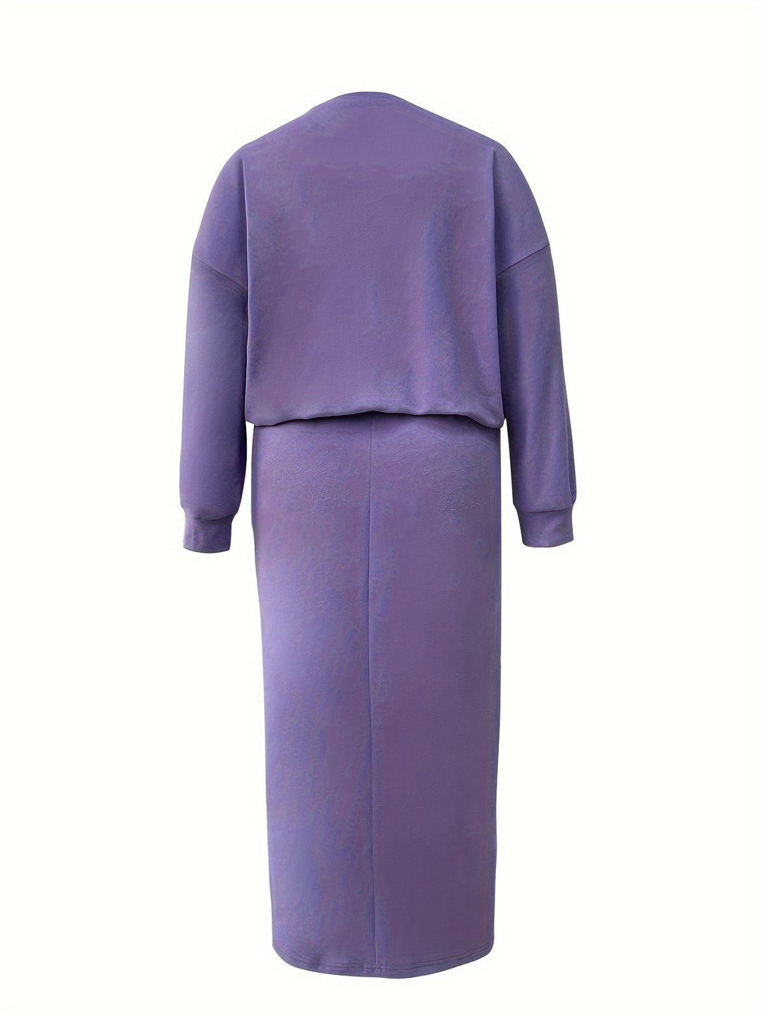 Plus Size Casual Outfits Set, Women's Plus Solid Long Sleeve Drop Shoulder Top & Skirt Outfits 2 Piece Set