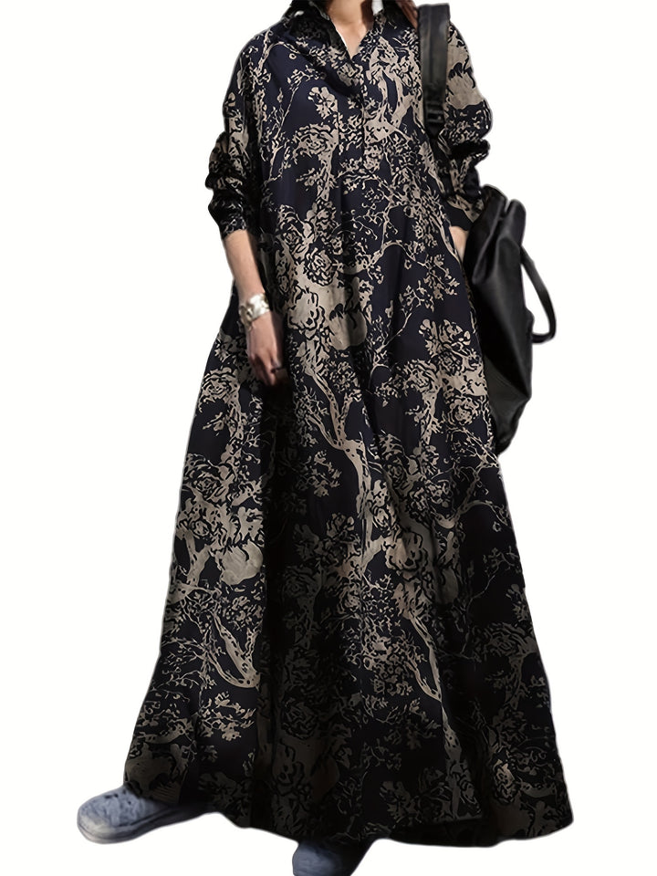 Vintage Graphic Print V-neck Dress, Elegant Long Sleeve Maxi Dress For Spring & Fall, Women's Clothing