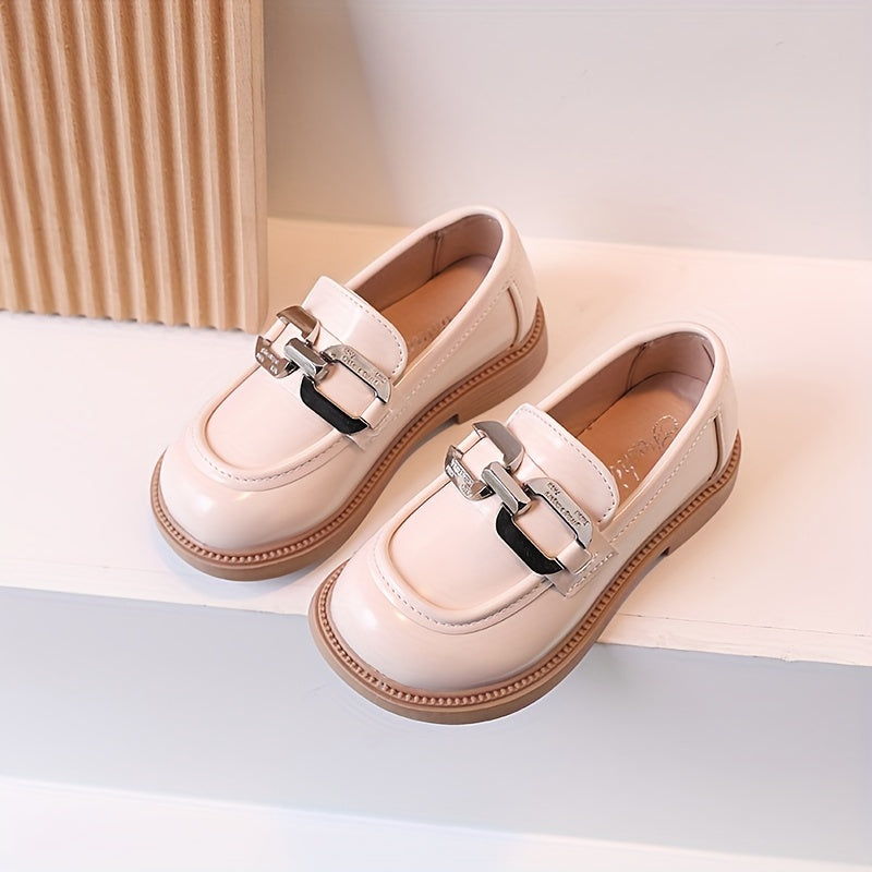 Girls Solid Color Slip On Loafer Shoes With Metallic Decor, Children's Anti-skid Soft Sole Flat Shoes