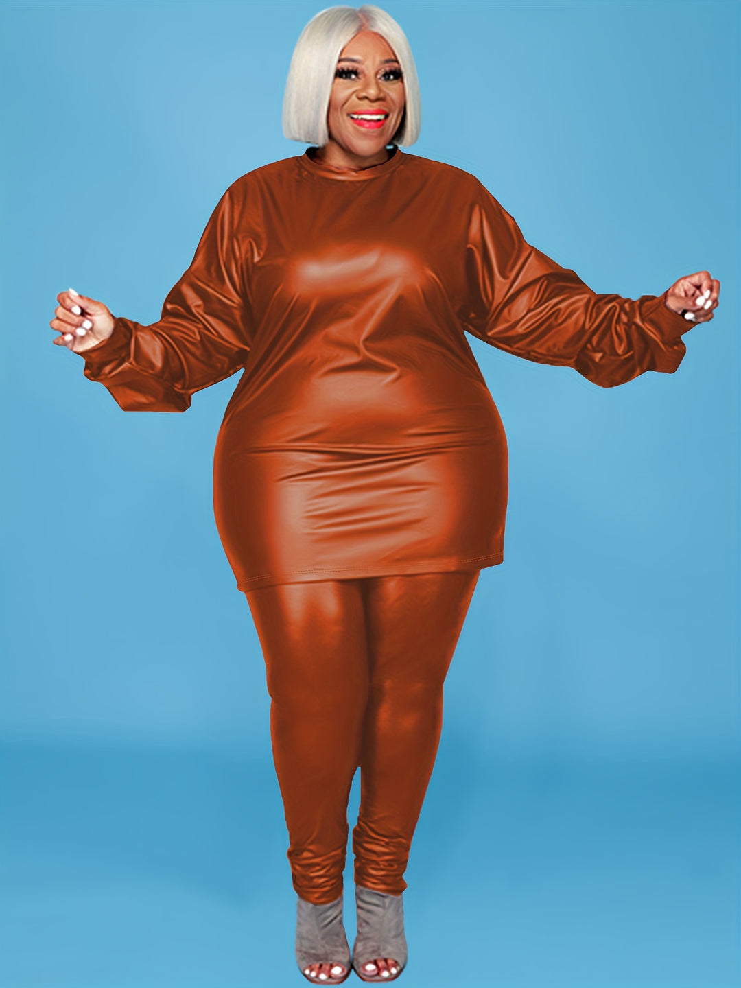 Plus Size Casual Outfits Set, Women's Plus Faux Leather Solid Long Sleeve Top & Pants 2pcs Set