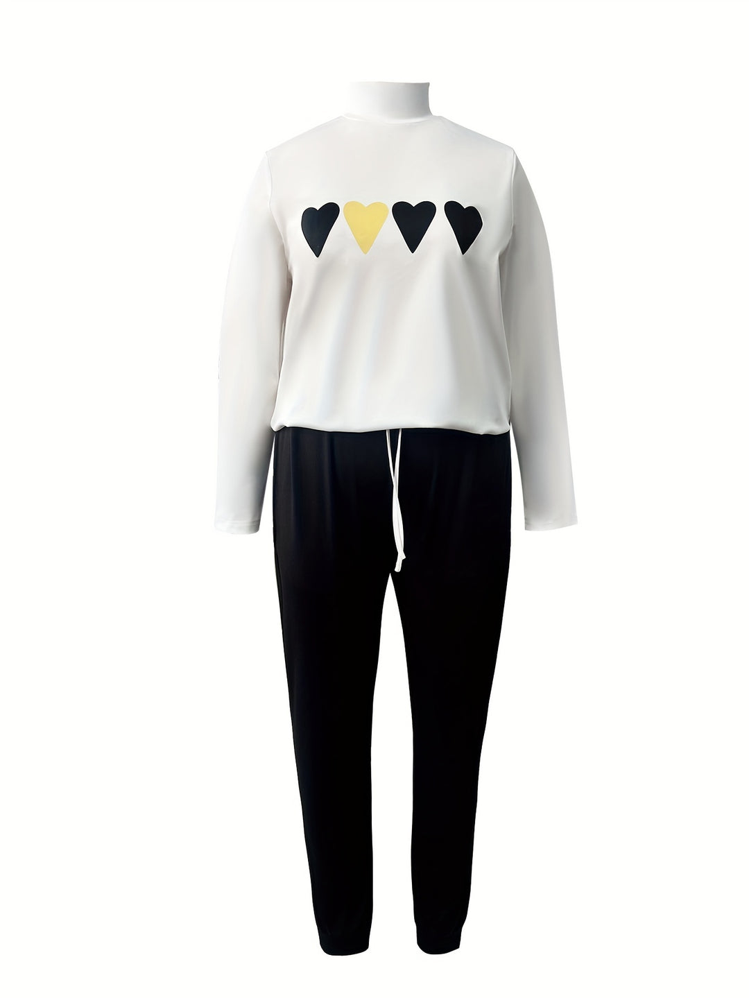 Plus Size Casual Outfits Set, Women's Plus Heart Print Long Sleeve Mock Neck Top & Drawstring Pants Outfits 2 Piece Set