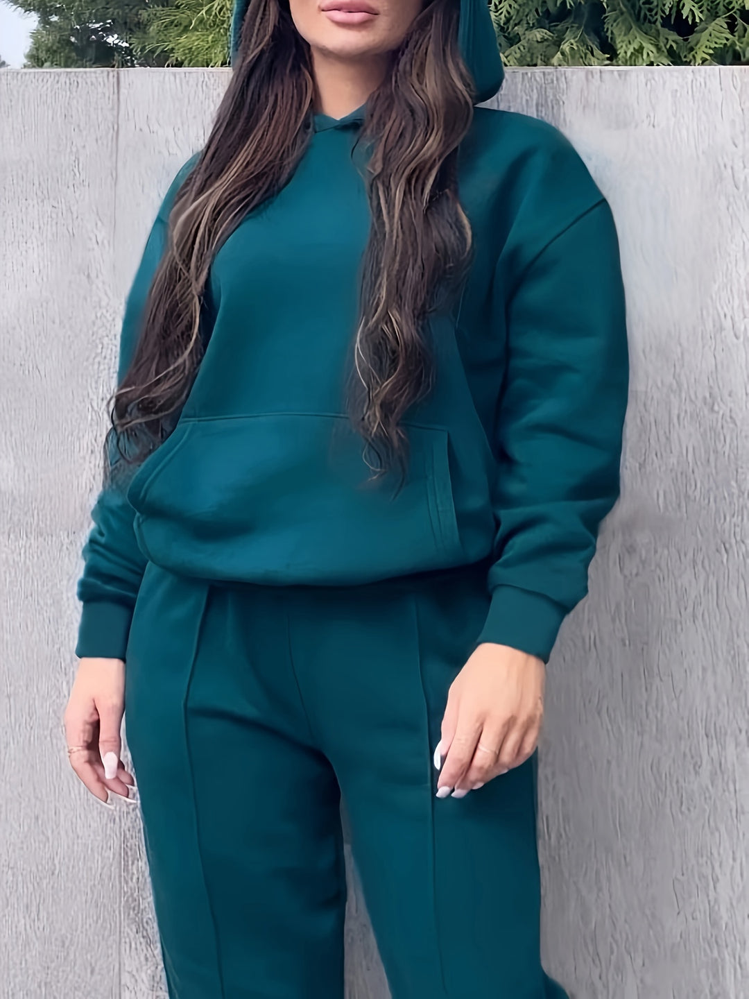 Plus Size Casual Outfits Set, Women's Plus Solid Long Sleeve Drop Shoulder Hoodie & Loose Pants Outfits 2 Piece Set