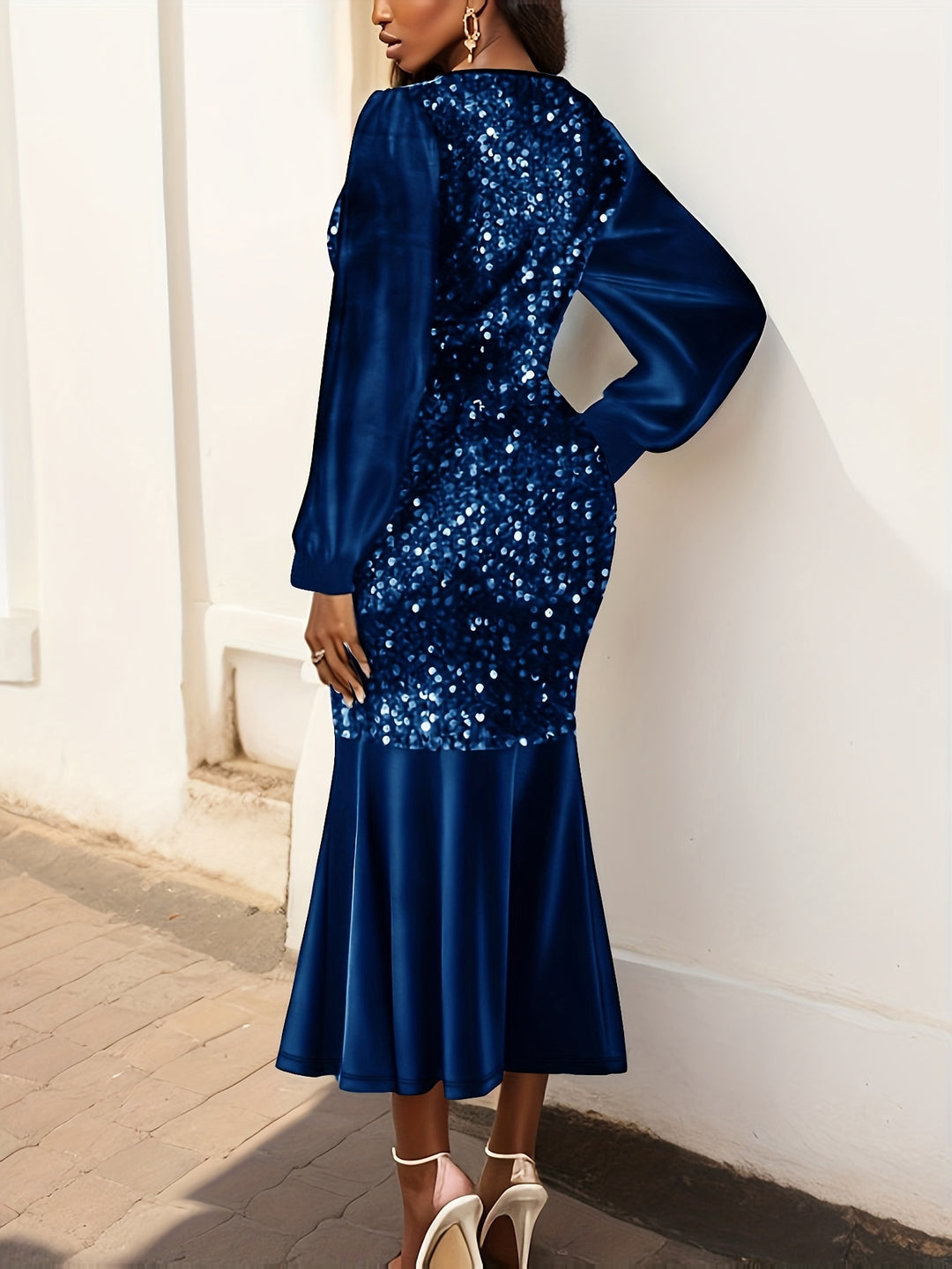 Sequined Mermaid Hem Dress, Elegant Long Sleeve V Neck Dress For Party & Banquet, Women's Clothing