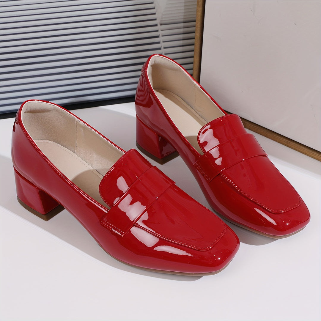 Women's Chunky Heeled Loafers, Solid Color Square Toe Patent Leather Pumps, All-Match Slip On Shoes