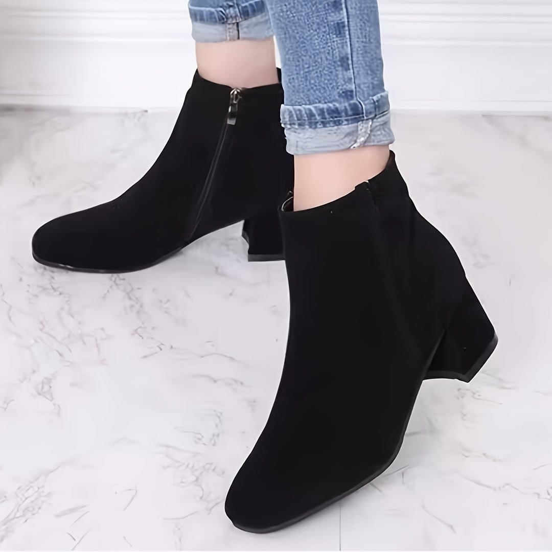 Women's Solid Color Block Heeled Ankle Boots, Side Zipper Short Boots, Women's Footwear