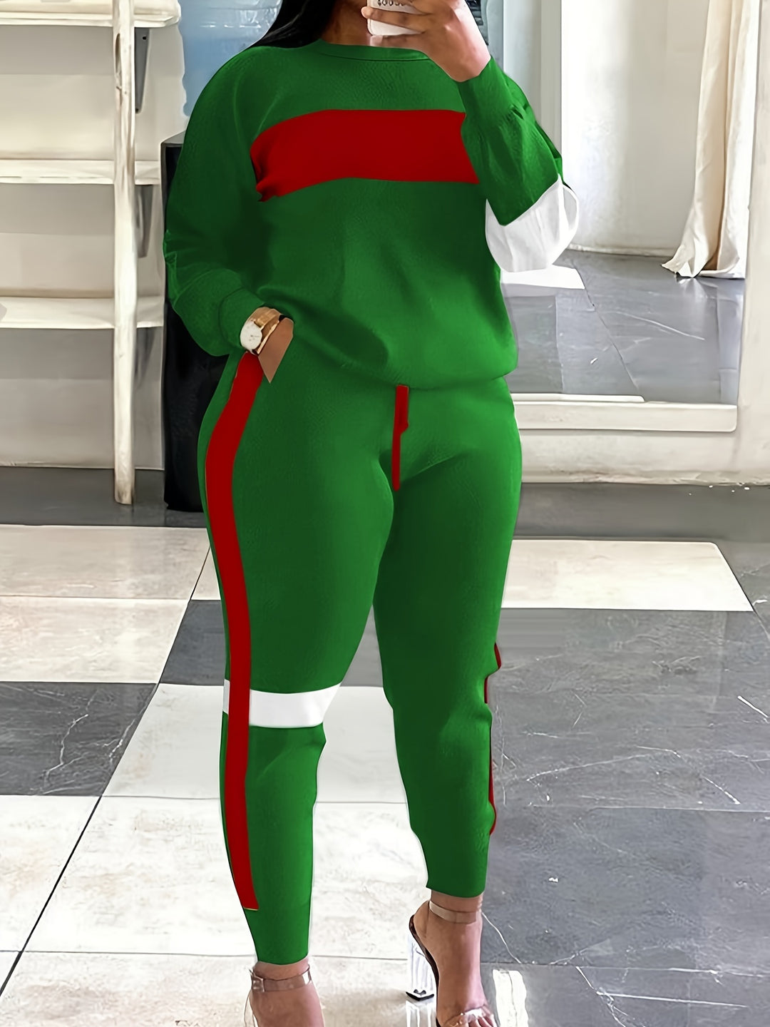 Plus Size Casual Outfits Set, Women's Plus Colorblock Long Sleeve Round Neck Pullover Top & Drawstring Joggers With Pockets Outfits Two Piece Set