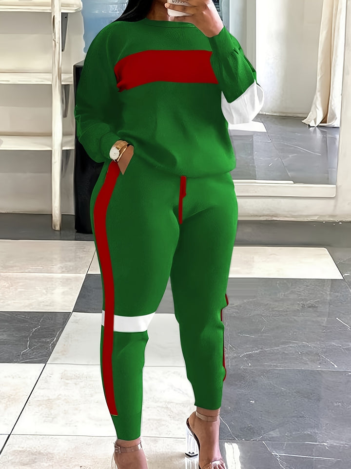 Plus Size Casual Outfits Set, Women's Plus Colorblock Long Sleeve Round Neck Pullover Top & Drawstring Joggers With Pockets Outfits Two Piece Set