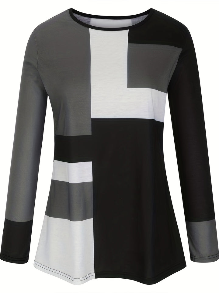 Plus Size Casual T-shirt, Women's Plus Colorblock Long Sleeve Round Neck Medium Stretch Tee